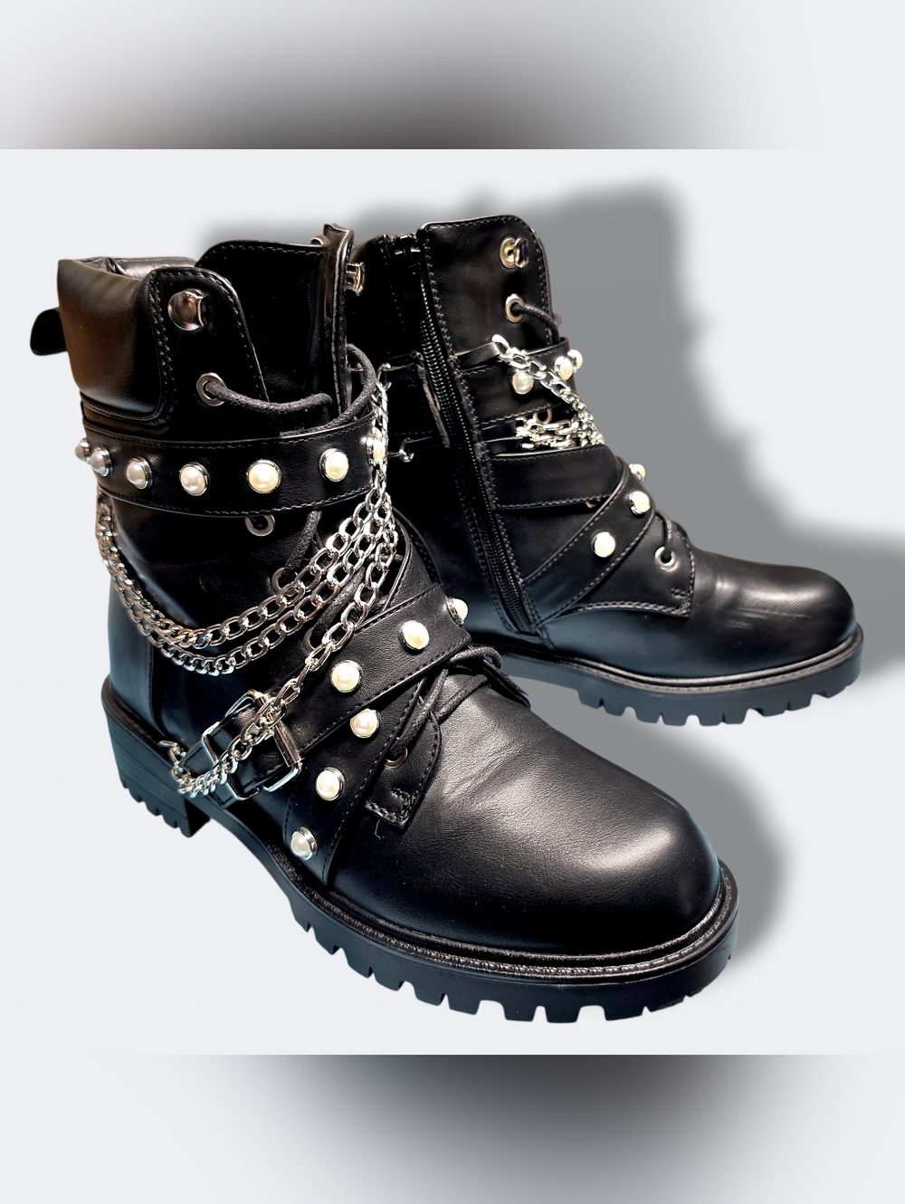 Pearl Studded Buckle Strap Layered Chain Black Leather Moto Biker Combat Boots 9